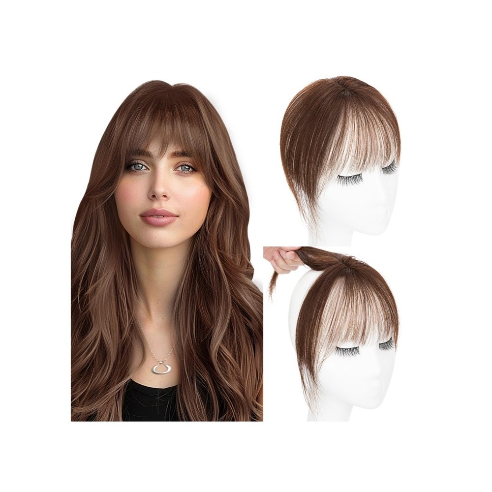 Wispy Brunette Bangs Clip in 100% Real Human Hair 3D 360 Cover Fringe Brown
